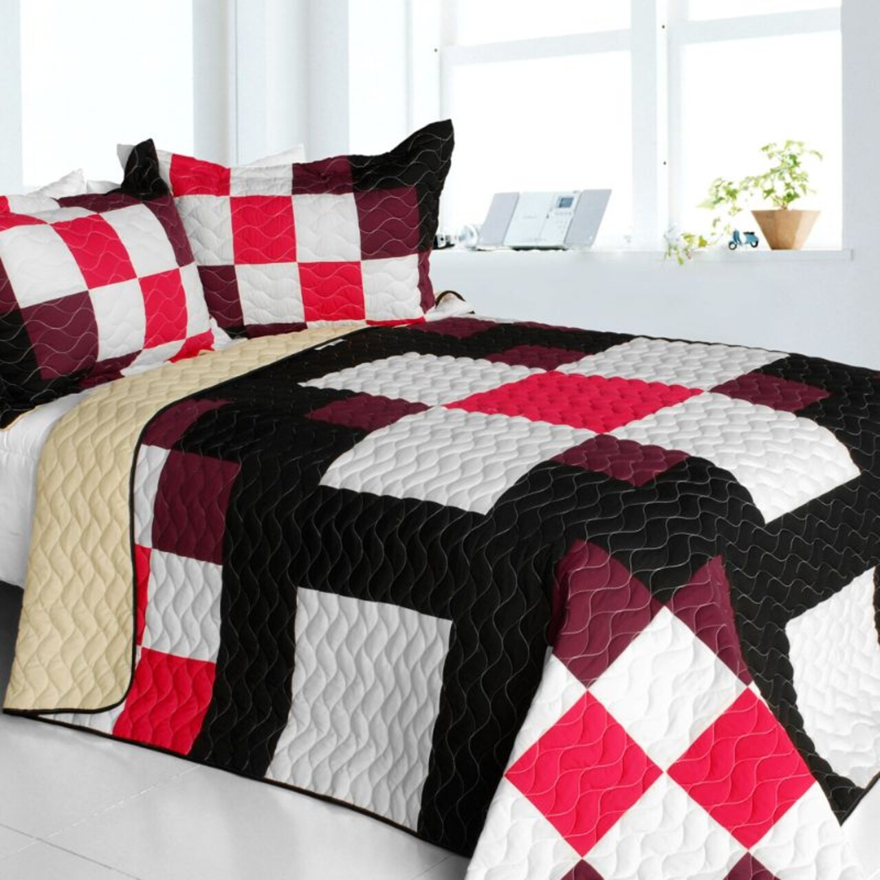 3-Piece Handmade Full/Queen Quilt Set, TC Fabric Geometric Patchwork, Vermicelli Quilted